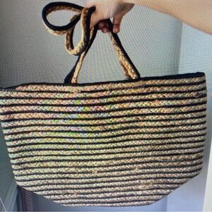 Striped Tan and Black Woven Tote Bag